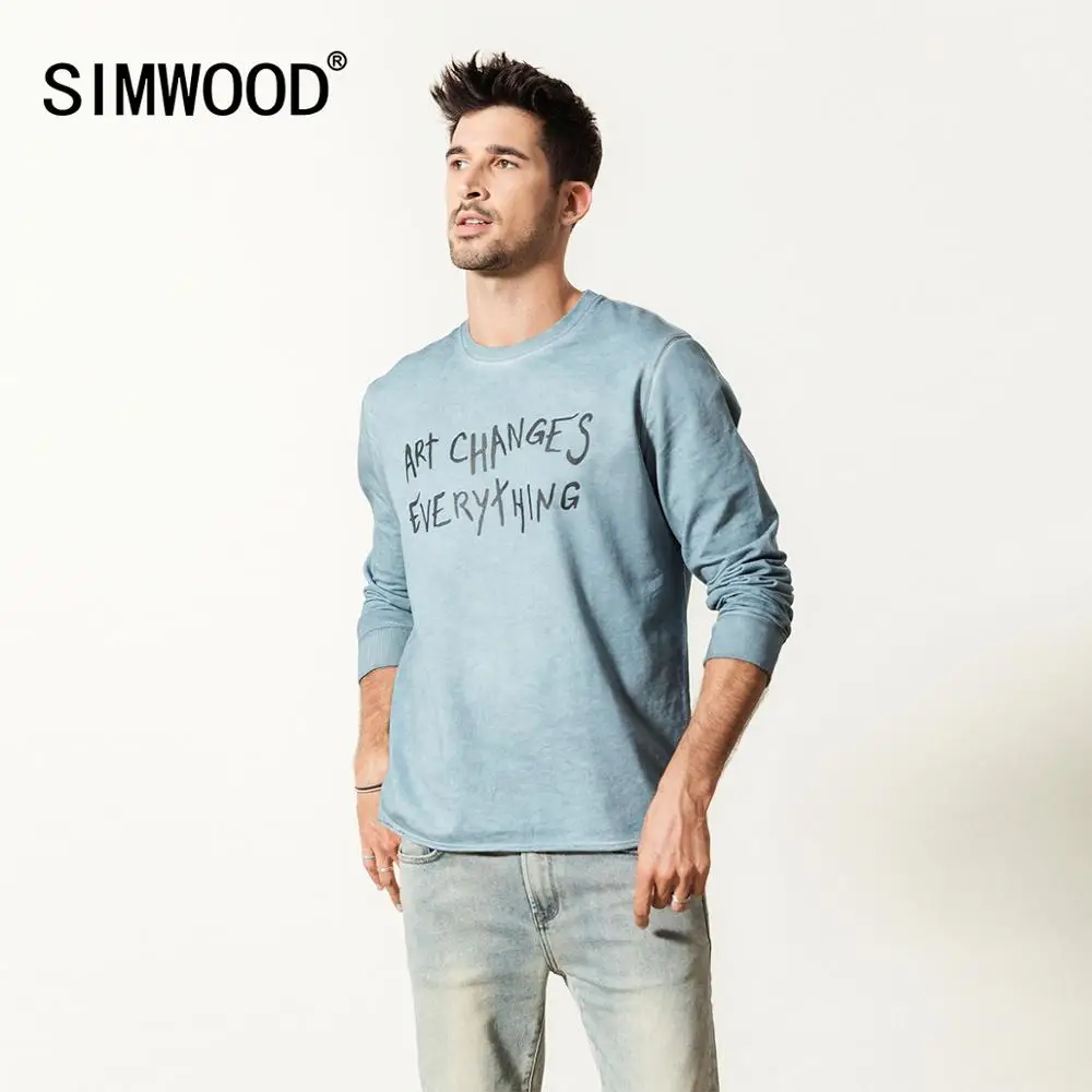 SIMWOOD 2020 spring new vintage hoodies men dark washed raw letter print 100% cotton sweatshirts high quality pullover SI980507 SIMWOOD 2020 spring new vintage hoodies men dark washed raw letter print 100% cotton sweatshirts high quality pullover SI980507