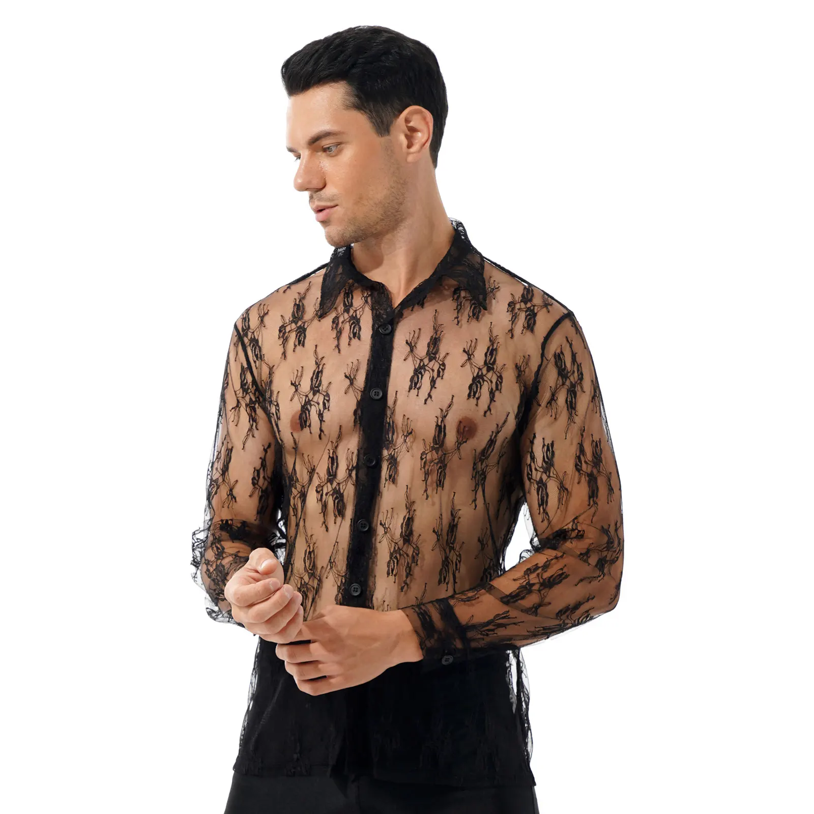 Floral Lace Shirt Turn down Collar 