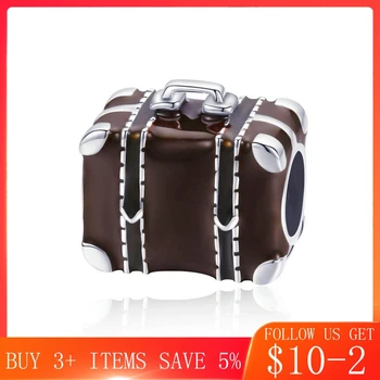 

CodeMonkey Hot Sale 925 Sterling Silver Travel Suitcase Box Brown Enamel Beads Charm fit Bangles Bracelet DIY Jewelry Making 952