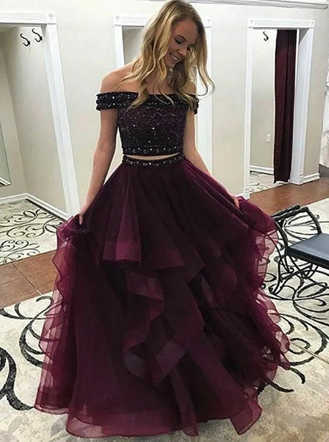 2020 New Prom Dress Two Piece Off-the-Shoulder Sweep Train Burgundy Tulle with Beading for Party |