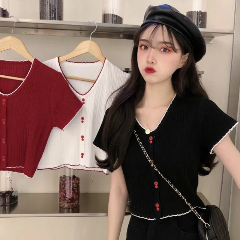 

2020 Summer Girls Sexy V-neck Tshirt Solid Color Short Sleeve Knitted Tops Preppy Style Slim Tee T-Shirt with Button new