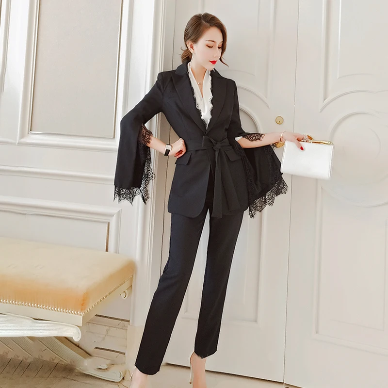 TWOTWINSTYLE элегантный корейский комплект из двух предметов для женщин лоскутный кружевной Блейзер брюки с высокой талией женский костюм осень мода
