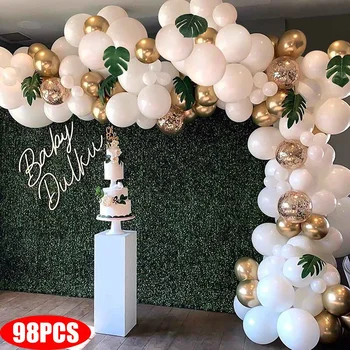 

98pcs Balloon Garland Arch Kit White Gold Confetti Balloons Artificial Palm Leaves Birthday Party Wedding Decorations