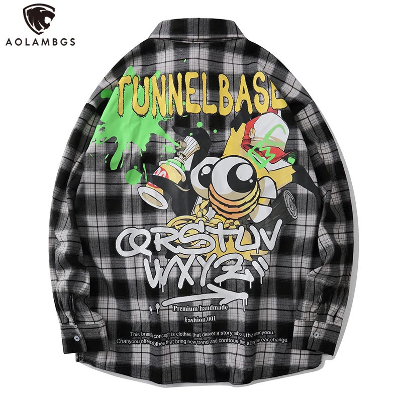 

Aolamegs Couple Plaid Shirts Men Funny Cartoon Graffiti Coat Autumn Vintage Casual Long Sleeve Shirt Harajuku Fashion Streetwear