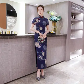 

Navy Blue Oriental Design Print Women Plus Size Cheongsam 4XL Elegant High Split Chinese Evening Dress Retro Stage Show Qipao