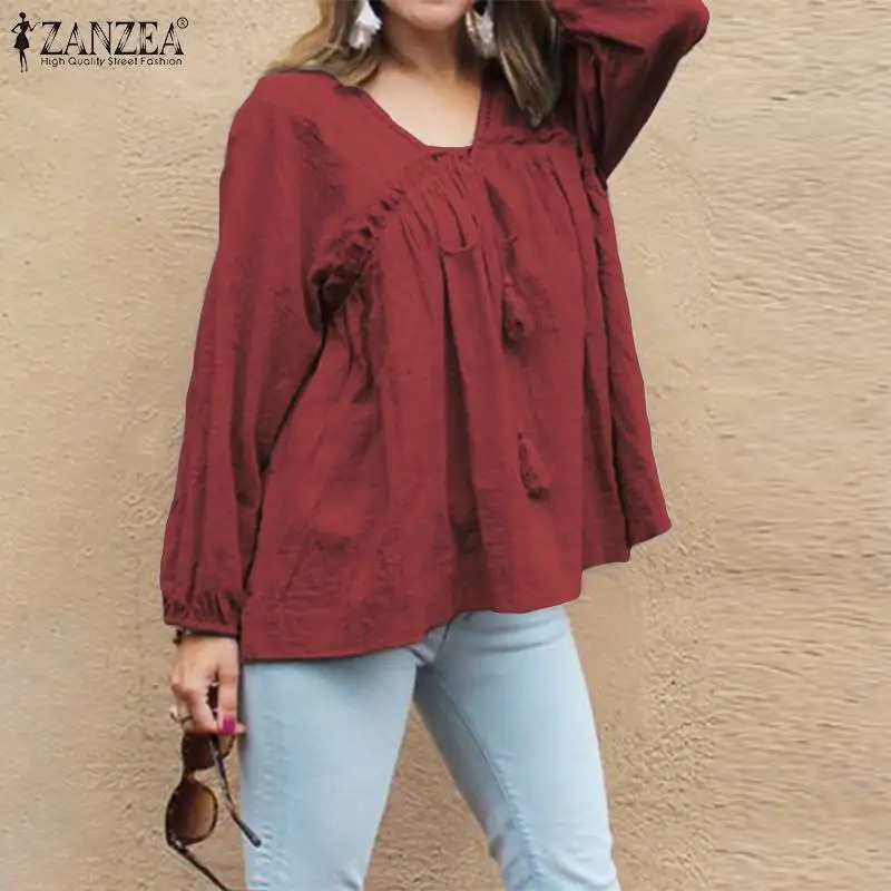 Blusas Топ ZANZEA Осень однотонная блузка для вечеринок Для женщин с длинным рукавом хлопковые блузки, топы, Модные V образным вырезом рубашка с оборками Женская сорочка