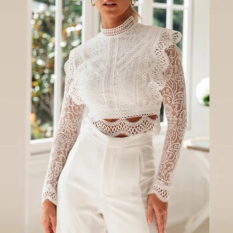 Ordifree 2021 Summer Women White Lace Blouse Short Sexy Tops Long Sleeve Ruffle Shirt | Женская одежда