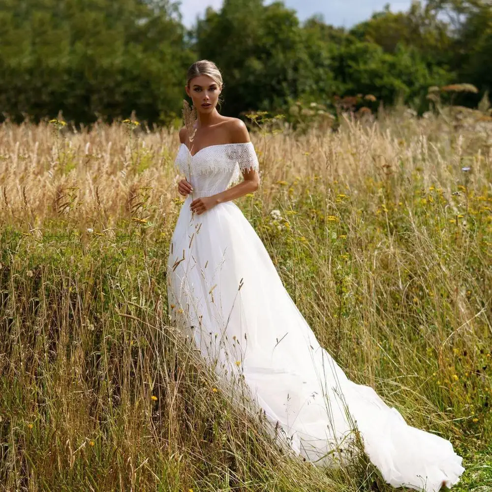 

Thinyfull Princess Sweetheart A Line Wedding Dresses Off The Shoulder Button Bride Dresses Tulle Lace Appliques Bridal Gown 2020