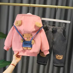 Conjunto de roupas para meninos recém nascidos de veludo, roupas infantis grossas para outono e inverno para meninas com capuz e calças