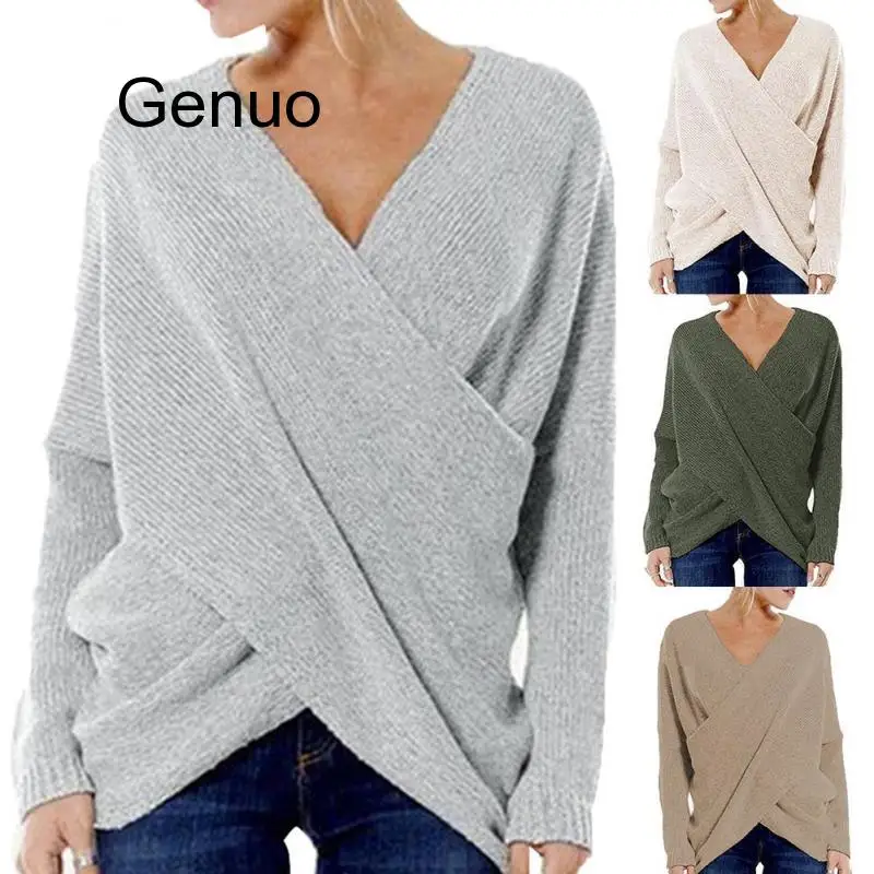 

Autumn Sexy Knitted Sweater Solid Color Women Fashion V Neck Cross Front Irregular Hem Loose Jumper Casual Women Simple Pullover