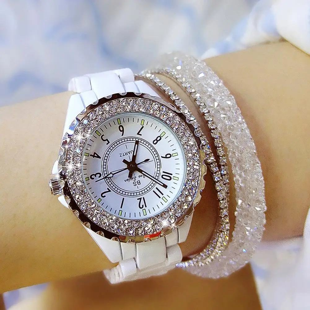 

Fashion Diamond-encrusted Ceramic Band Watch Women Personality Casual Round Analog Quartz Wrist Watch Ladies Gift Женские часы