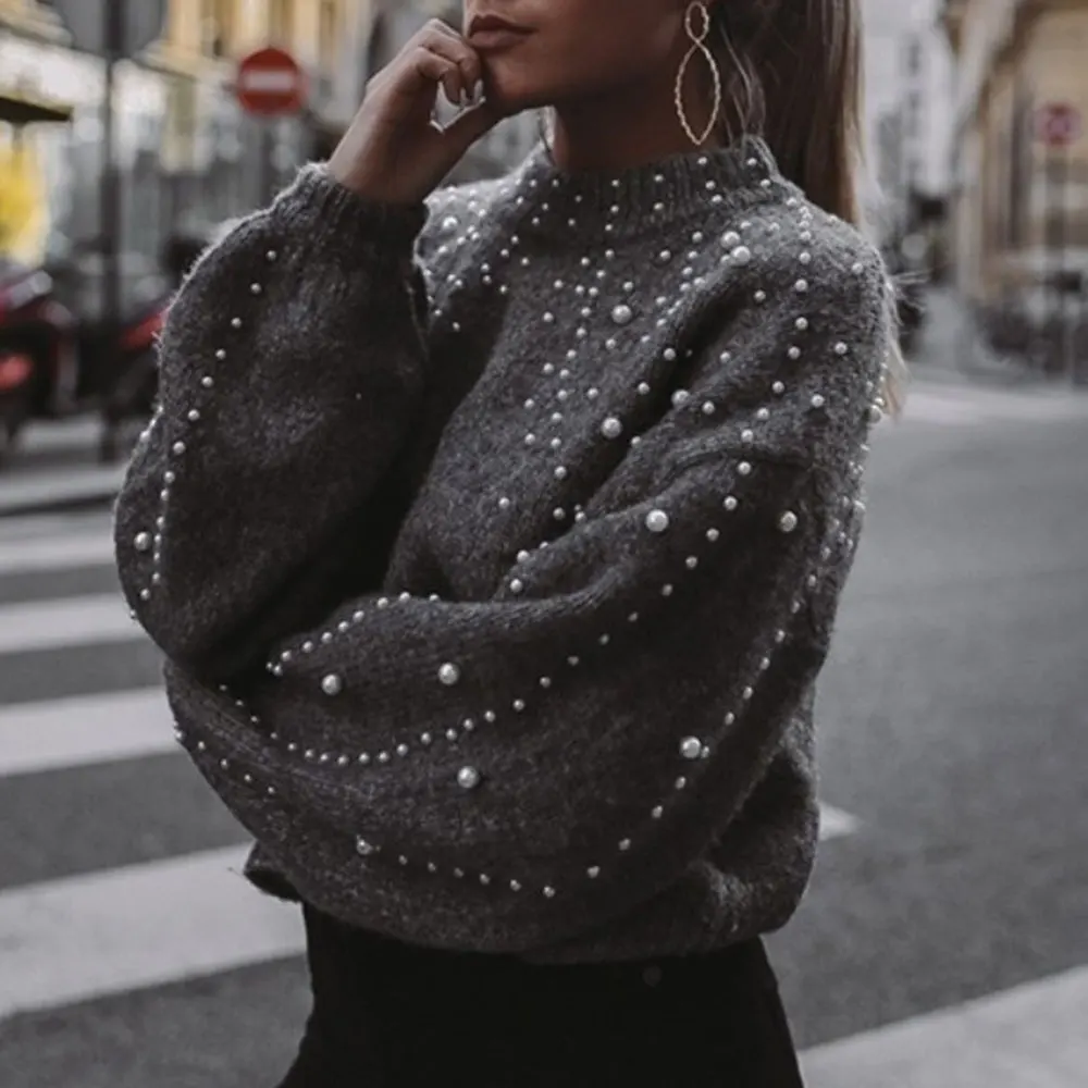 

CYSINCOS 2019 Korean Style Women Long Sleeve Ladies Knitted Sweater Solid Color O-Neck Pullover And Pearl Loose Sweater Hot Sale