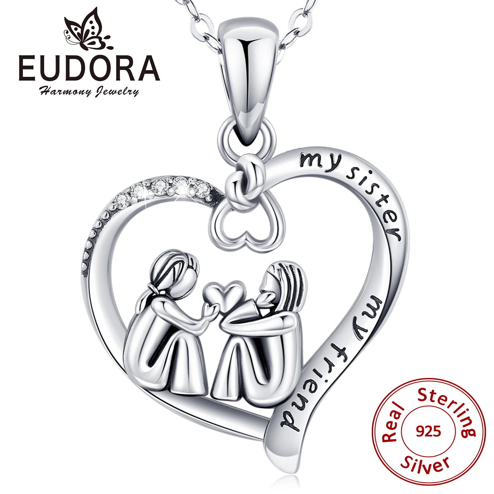 

Eudora 925 Silver Sisters Holding Hearts Pendant My Sister My Friend Heart CZ Necklace is theBest Gift for Sisters &Friends 626