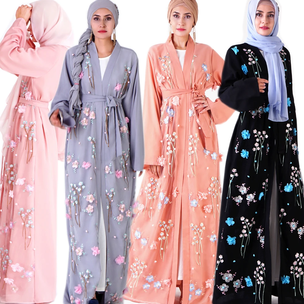3D цветок Открытый мусульманская абайя для женщин платье хиджаб Caftan кимоно кардиган абайя, Кафтан Дубай Катара Оманская одежда Femme Исламская одежда