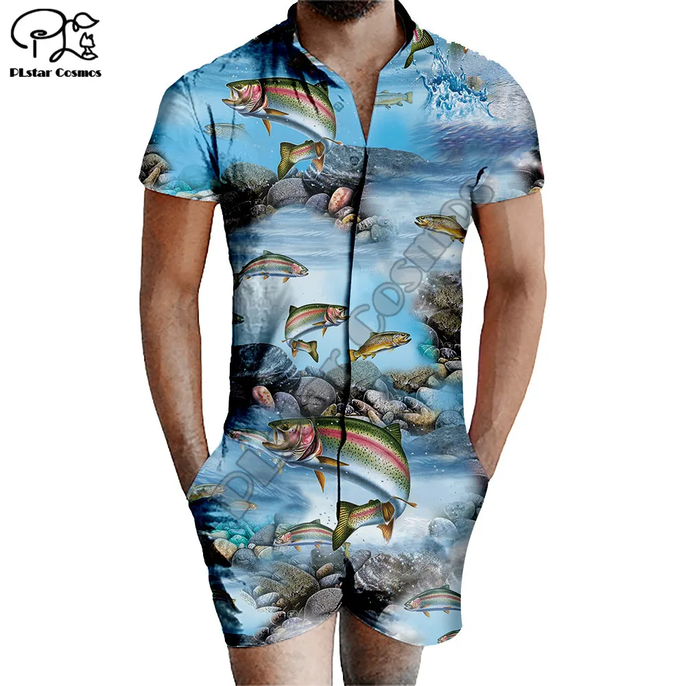 

summer TDL-bass-fishing Tank Top 3D Printed Zipper Jumpsuit Short Sleeve One Piece Casual Overalls Outfits women men dropship