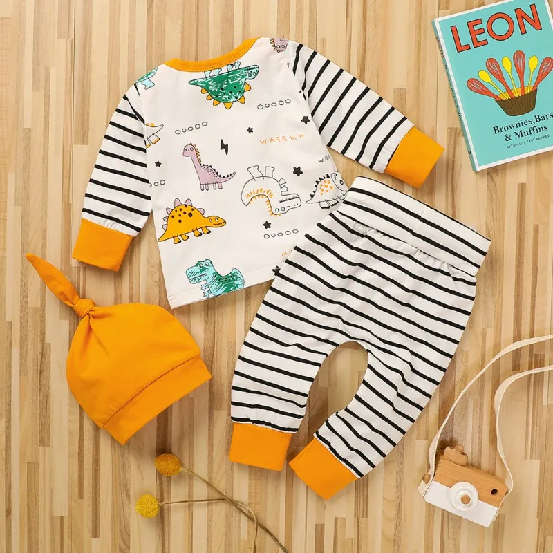 3PCS Newborn Infant Dinosaur Stripe Clothing Long Sleeve Top+Stripe Pants +Hat Baby Boy Girls Clothes Outfit Set best Baby Clothing Set