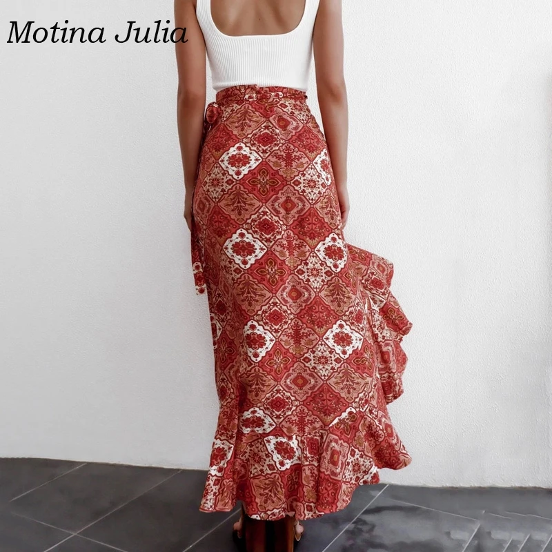 Motina Julia юбка с цветочным принтом и запахом, Женская богемная пляжная юбка миди во французском стиле с бантом