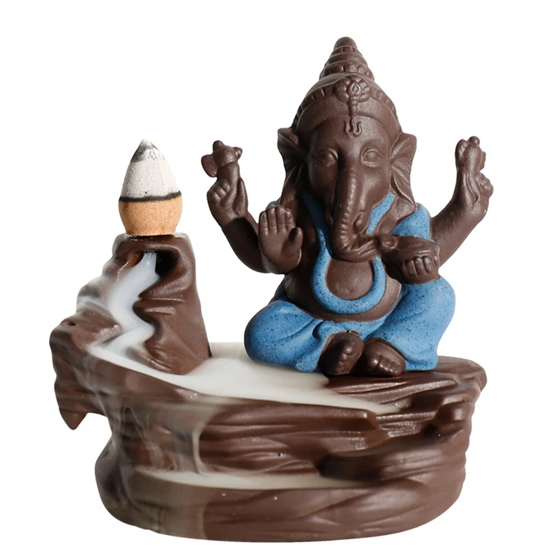 Blue Elephant God Ganesha Backflow Incense Burner India Censer Stick