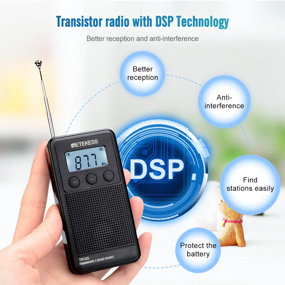 Retekess TR103 Mini Radio de Poche, Radio Portable FM MW SW, Radio Lecteur  MP3 DSP Récepteur Numérique avec Batterie Rechargeable
