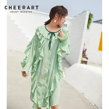 

CHEERART Green Ruffles Plus Size Loose Long Sleeve Dress Women Tie Neck Button Up High Low Dress Korean Fashion Clothing