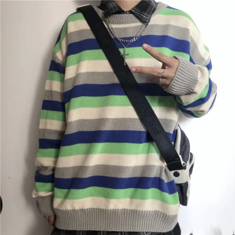 Winter Striped Sweater Men Warm Fashion Contrast Color Casual Knit Sweaters Man Sweter Clothes Loose Long-sleeved Pullover Men