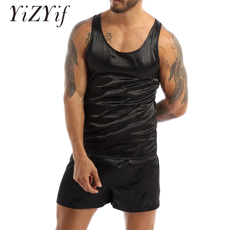 Men Satin Underwear Pajamas Nightwear Sleeveless Tank Top Shorts Sleepwear Nightclothes Summer Nightgown Loungewear Nightwear mens flannel pajamas set