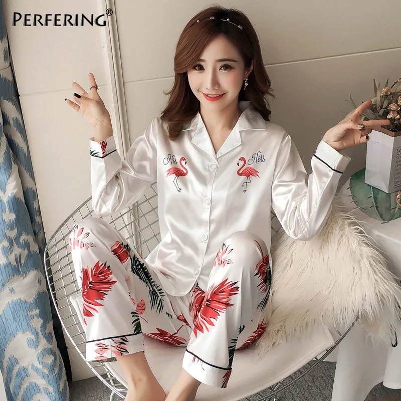 Perfering 2 шт. пижамы наборы для женщин пижамы из искусственного шелка и атласа с длинным рукавом пижамы костюм Женский топы+ брюки домашняя одежда
