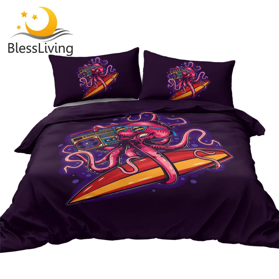 

BlessLiving Octopus Bedding Set Radio Red Purple Duvet Cover Set for Kids Cartoon Animal Bed Cover Marine Life 3D Bedspreads