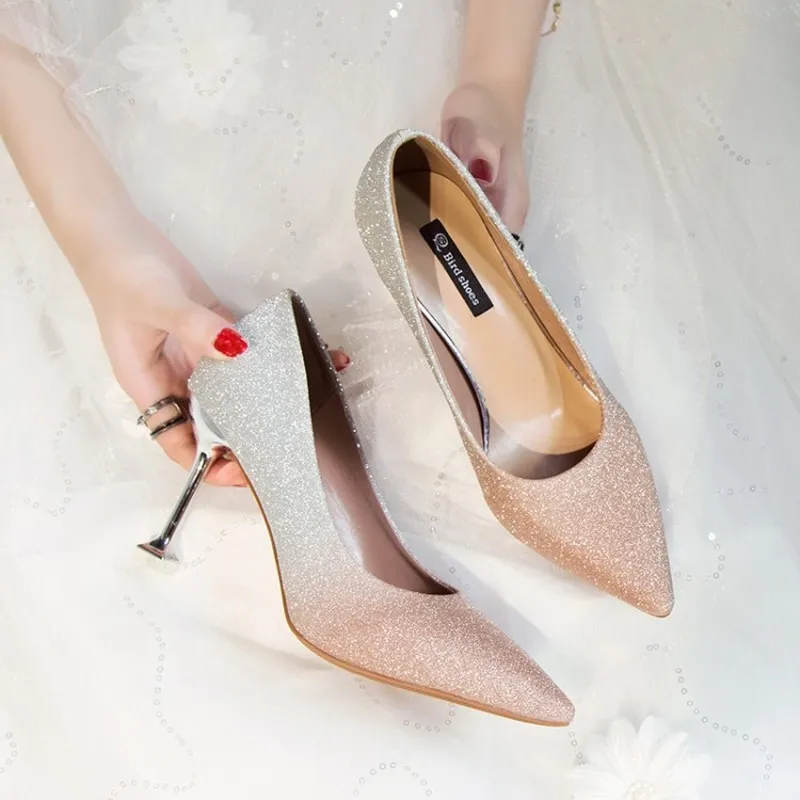 

Women Spring High Heels Shoes Classic bling Slip On Casual Ladies Elegant Square Toe Soft PU Fashion Female office Pumps Y22-37
