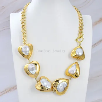 

GuaiGuai Jewelry 22" natural Cultured White Heart-Shaped Pearl gold color Chain choker Necklace