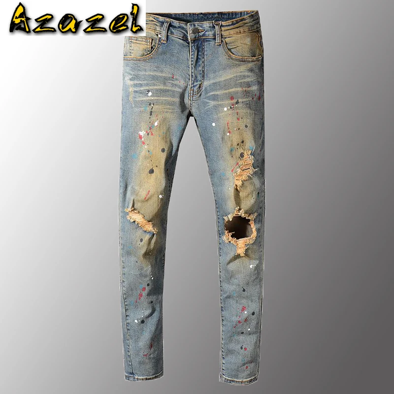 

Azazel Men's Painted Holes Ripped Torn Denim Jeans Vintage Blue Distressed Stretch Denim Pants High Quality Slim Fit Male Jeans