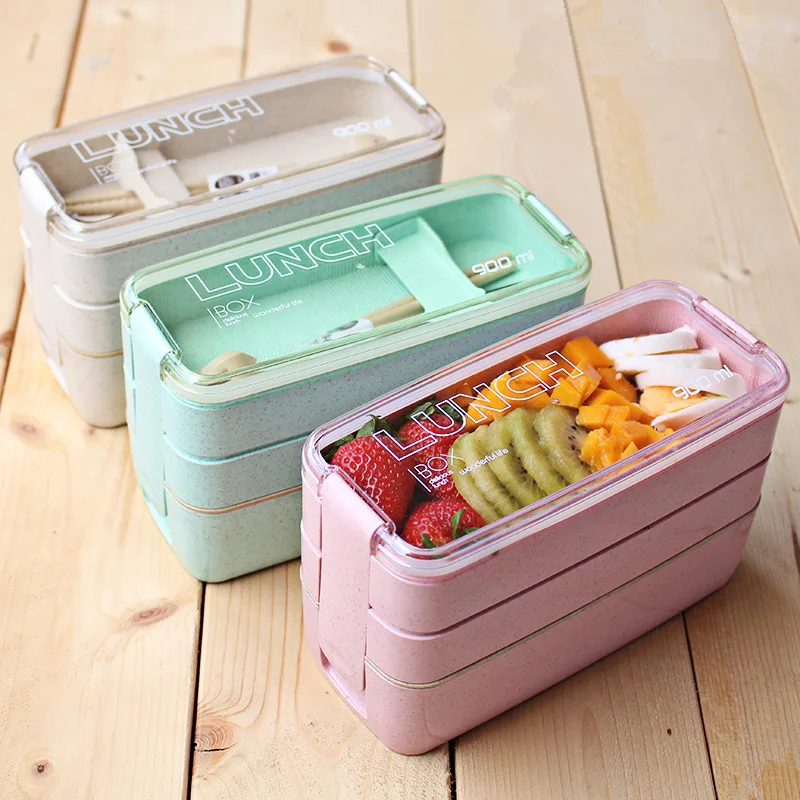 

900ml 3 Layers Bento Box Eco-Friendly Lunch Box Food Container Wheat Straw Material Microwavable Dinnerware Lunchbox 2021