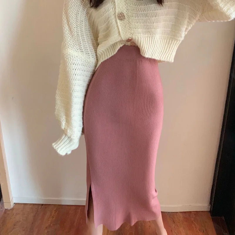 2019 трикотажные миди розовые женские юбки Rokken щелевая эластичная высокая талия