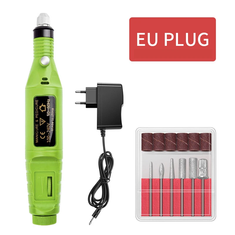 Green EU plug Электрическая дрель для ногтей, педикюрная ручка, шлифовальный аппарат для маникюра, сверла для ногтей, пилочка для ногтей, инструменты для дизайна ногтей - Цвет: Green EU plug