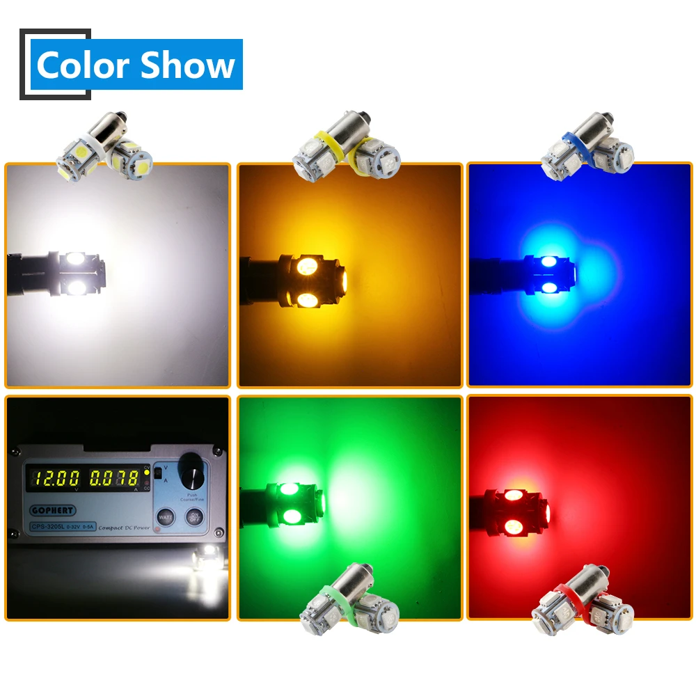 10 шт. 5050 5 SMD BA9S светодиодный 12V объектив белый синий желтый красный зеленый автомобильные лампы светодиодный светильник для чтения салона автомобиля источник освещения