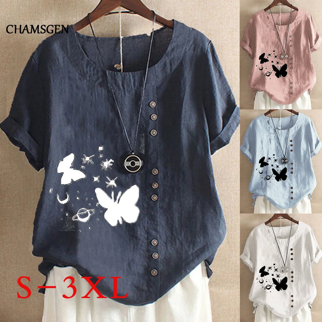 Женские блузки с коротким рукавом CHAMSGEND модные хлопковые рубашки круглым вырезом