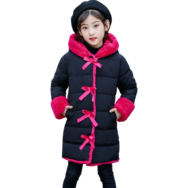 

2019 Winter Jacket For Girls Fleece Warm Long Children's Coats Hooded Bows Kids Clothes Parkas Pink Teenage Cotton Outerwear