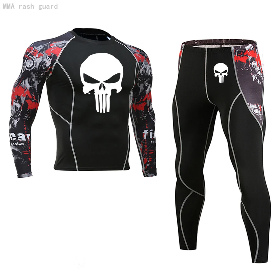 Wolf head arm Men's thermal underwear set Skull MMA T shirt Compression Leggings Fitness clothing Warm winter long johns men long johns for men