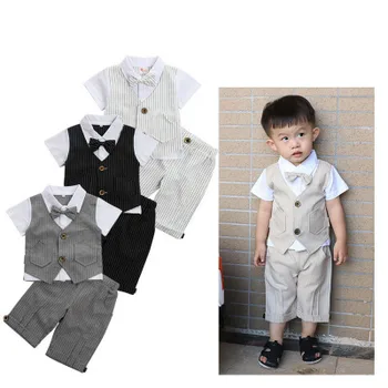 

Explosion 2-6 years children's clothing summer new boy baby gentleman lapel short sleeve striped suit children's bow two-piece