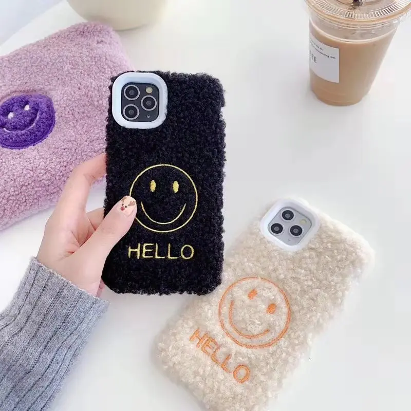 Пушистый Плюшевый чехол для телефона с улыбающимся лицом для Iphone 11 Pro Max X Xr Xs Max 6s 7 8 Plus зимний теплый вельветовый Мягкий ТПУ силиконовый чехол-накладка
