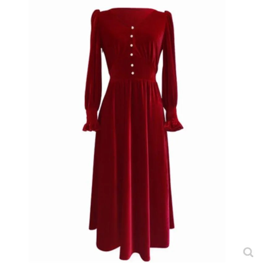 

4XL!French style vintage velvet dress women v-neck lantern sleeve slim high waist party dress