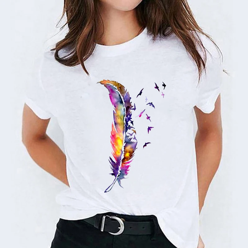 T-shirts Top for Women Watercolor Feather Bird Cartoon 90s Casual Print Lady  Womens Graphic T Shirt Ladies Female Tee T-Shirt