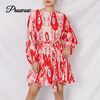 

2020 High Quality Fashion Designer Autumn New Red Print Mini Dress Retro Drawstring Waist Lantern Sleeve Dress