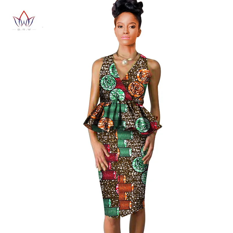 african dresses for women Dashiki v-neck skirt set sexy& club Bazin Riche africa print knee-length dress cotton 6xl BRW WY804 - Цвет: 20