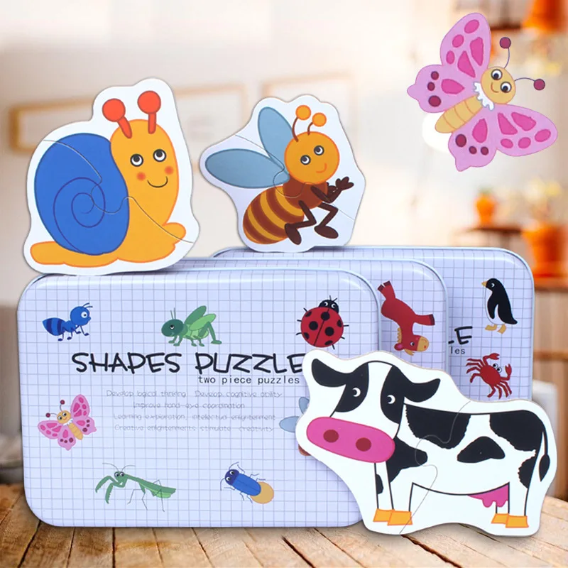 

Large Children Wooden Puzzle Iron Box Exquisite Animals And Insects Make-up Jigsaw Puzzle 123-Year-Old Toy