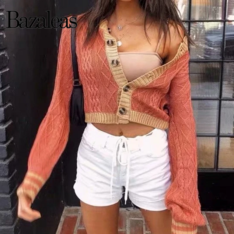 Bazaleas France Orange Yellow Patchwork Sweater women Vintage Center Buttons harajuku Kintted Carfigans Retro Cropped pull femme |