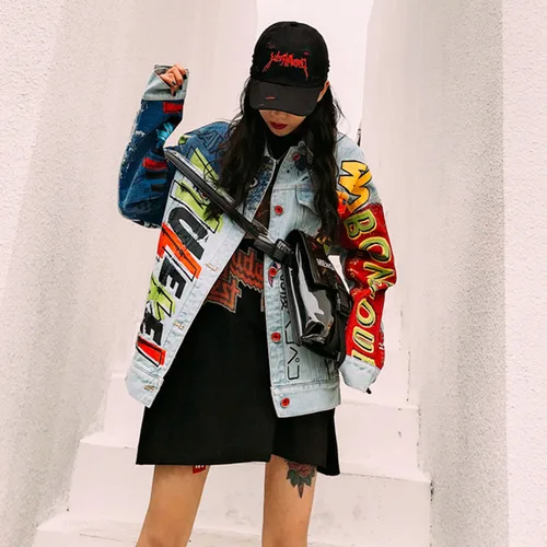 Harajuku/Новые осенние женские джинсовые куртки джинсовая куртка с длинными рукавами и буквенным принтом подростковые джинсы для девочек пальто хип-хоп верхняя одежда SA251S50 - Цвет: as photo