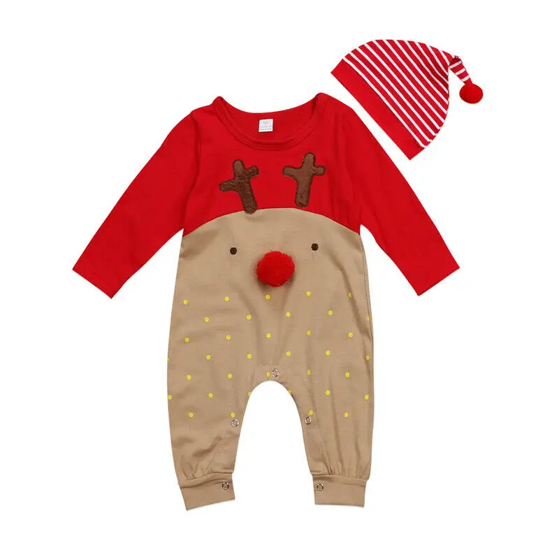  2Pcs Newborn Baby Boys Girl Clothes Christmas Reindeer Rompers Long Sleeve Deer Romper Jumpsuit Hat