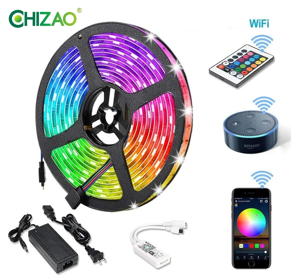 CHIZAO WiFi Светодиодные полосы света Alexa телефон приложение 24 ключа дистанционного управления SMD 5050 5 м красочные Смарт Музыка Звук активировать водонепроницаемый домашний декор