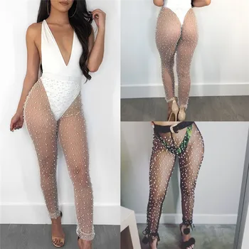 

Sexy Women Fishnet Pants Fashion Lady See Through Pearls Trousers Sexy High Waist Mesh Sheer Transparent Pencil Pants Trousers